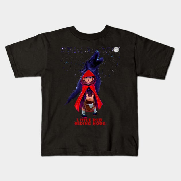 Little Red Riding Hood with Wolf at Moon Night Kids T-Shirt by The Full Moon Shop